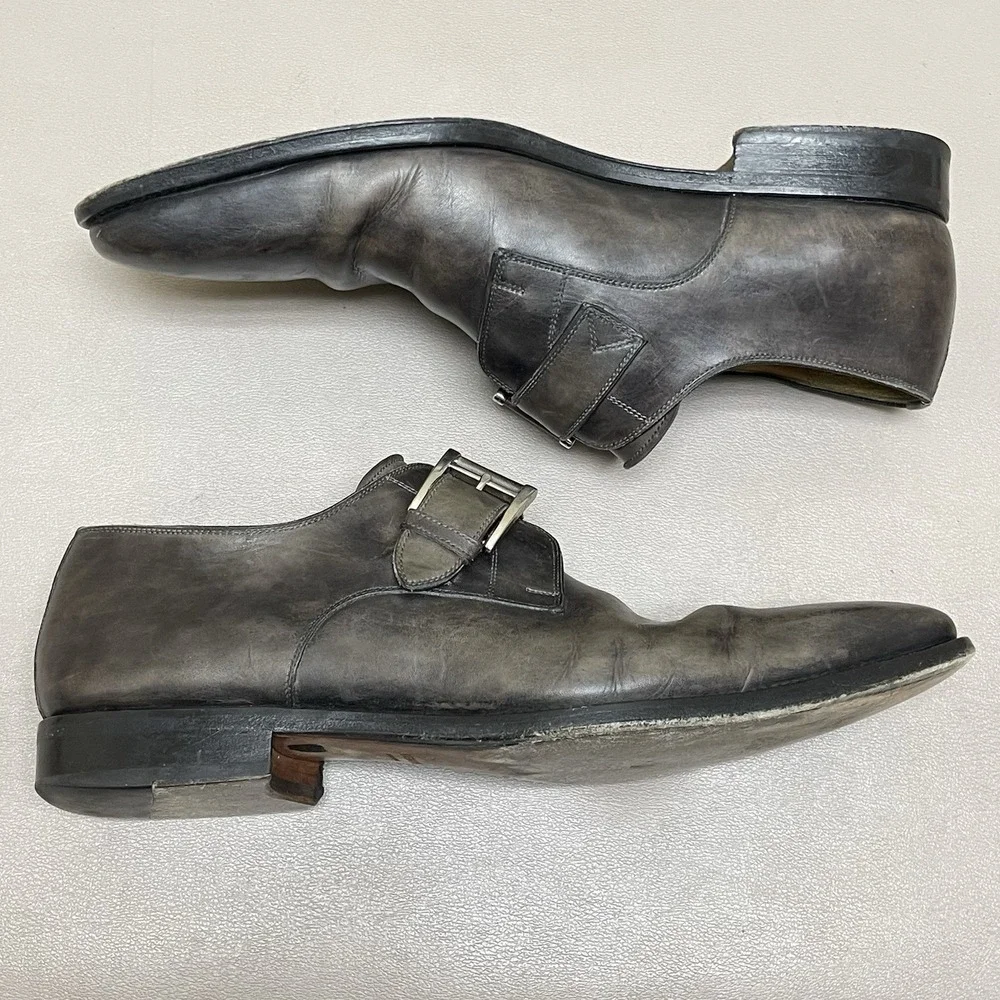 Magnanni Monk Strap Dress Shoes Men 9 M Gray Leather Buckle Brogue Oxford Loafer